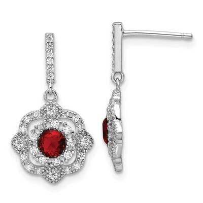 Rh-Pltd Red Glass Clear CZ Vintage Dangle Post Earring Sterling Silver QE16758, MPN: QE16758,
