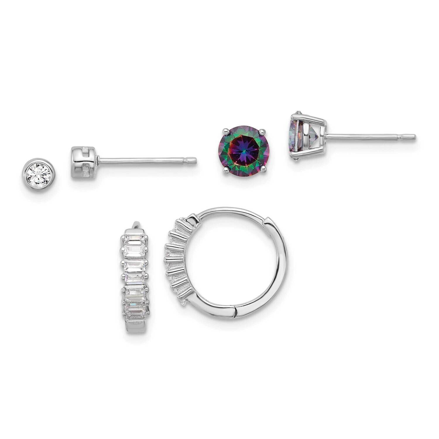 Rh-Plated Mystique White CZ Post Hoop 3 Earring Set Sterling Silver QE16724SET, MPN: QE16724SET,
