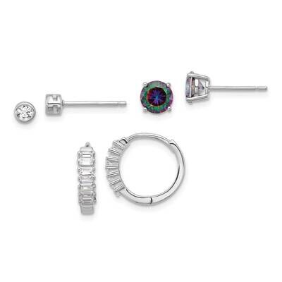 Rh-Plated Mystique White CZ Post Hoop 3 Earring Set Sterling Silver QE16724SET, MPN: QE16724SET,