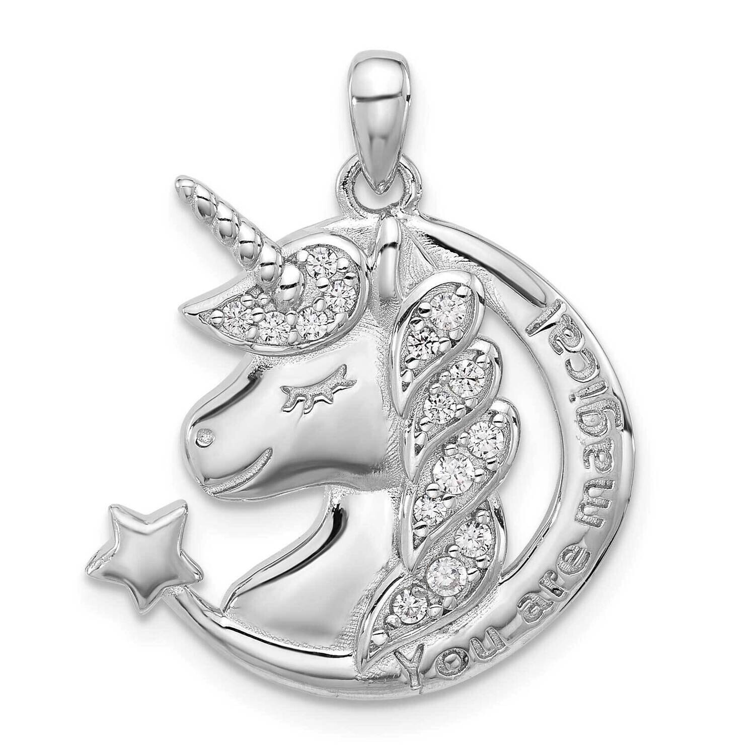 Rh-Plated Polished CZ Unicorn You Are Magical Pendant Sterling Silver QC11356