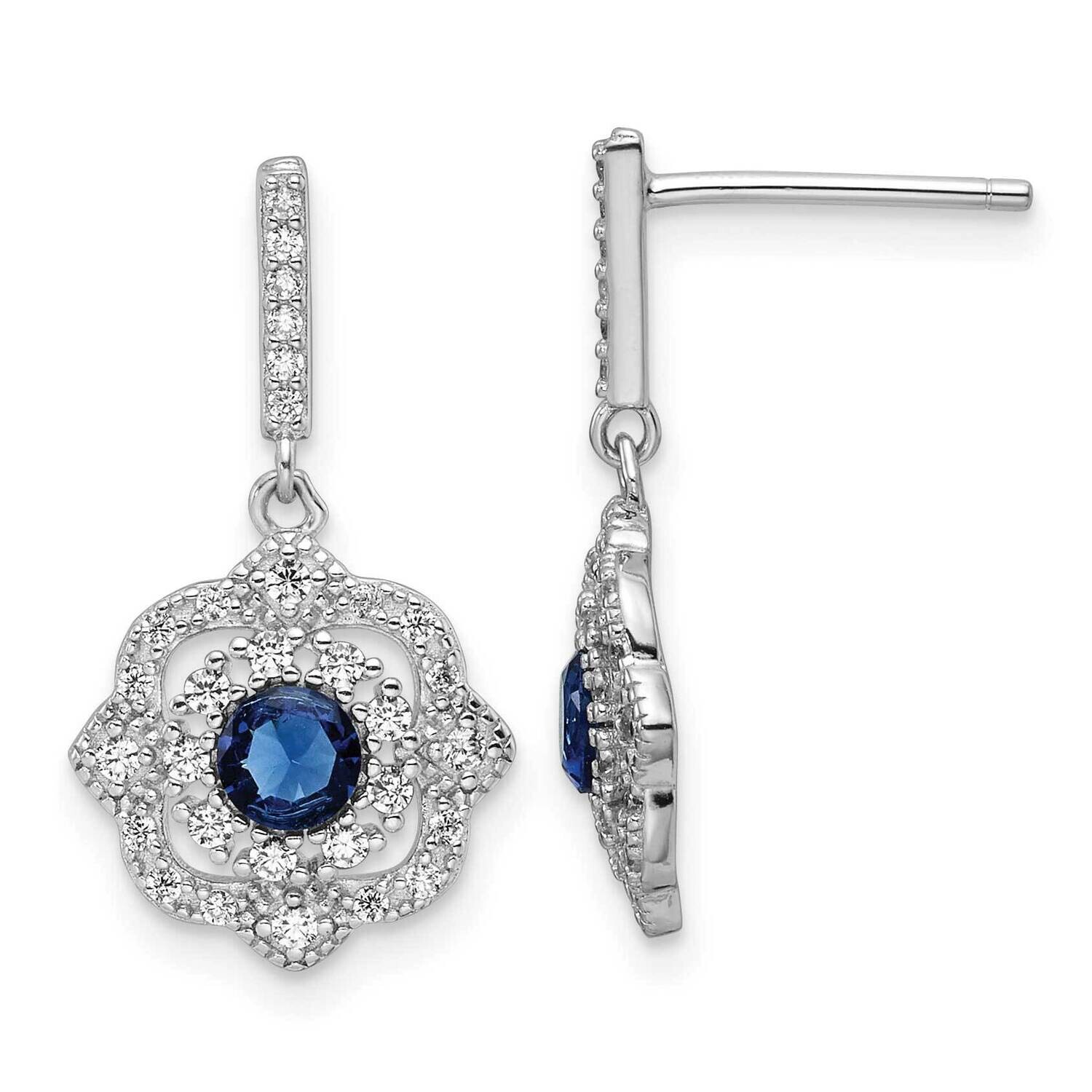 Rh-Pltd Blue Glass Clear CZ Vintage Dangle Post Earring Sterling Silver QE16759, MPN: QE16759,