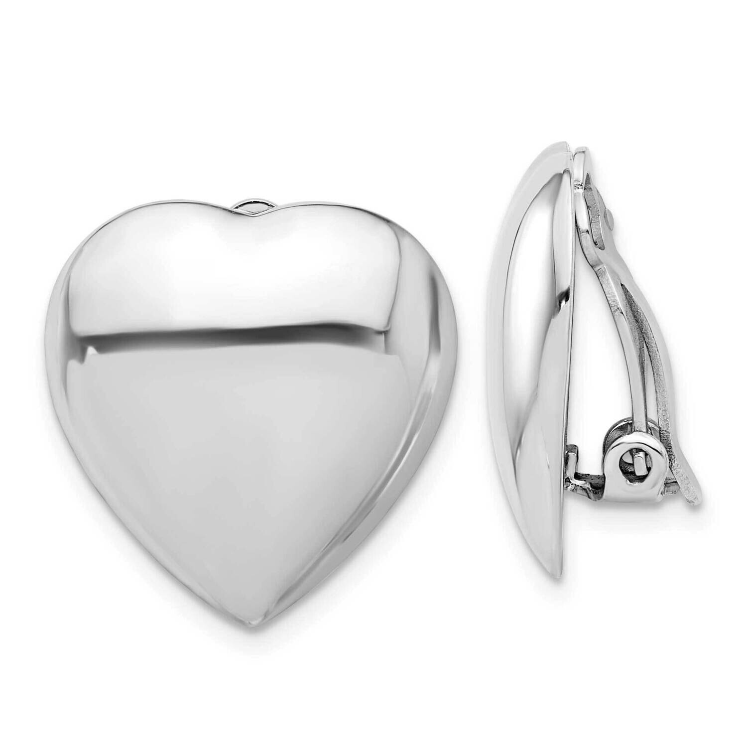 Rhod-Plated Polished Heart Clip Non-Pierced Earrings Sterling Silver QE16926