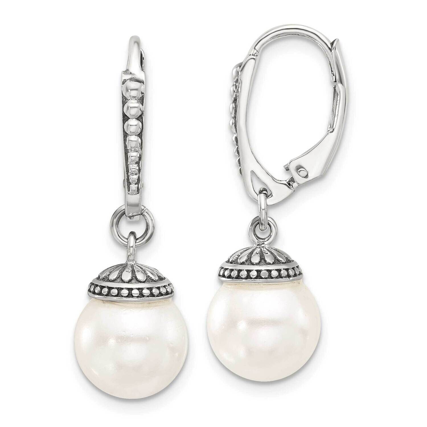 Antiqued Syn. Pearl Leverback Dangle Earrings Sterling Silver Polished QE17275, MPN: QE17275,