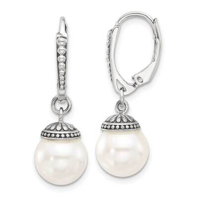 Antiqued Syn. Pearl Leverback Dangle Earrings Sterling Silver Polished QE17275, MPN: QE17275,