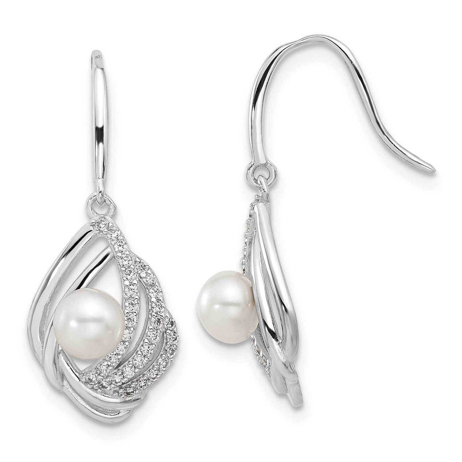 Cheryl M Freshwater Cultured Pearl Brilliant-Cut CZ Teardrop Shepherd Hook Dangle Earrings Sterling Silver Rhodium-Plated QCM1622