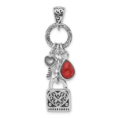 Rhod/Oxidized Enamel Red Sponge Coral Lock/Key Pendant Sterling Silver QC11261, MPN: QC11261,