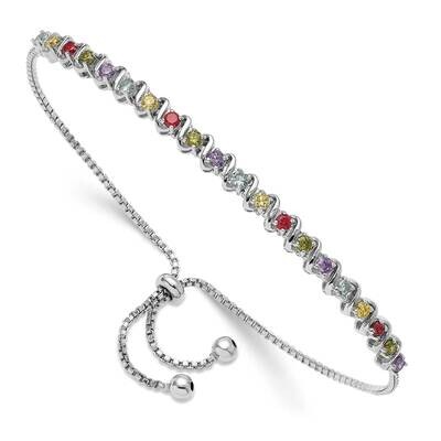 Cheryl M Multi-Color Brilliant-Cut CZ Adjustable Bracelet Sterling Silver Rhodium-Plated QCM1599, M…