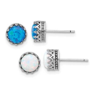 Rh-Plated 7mm Cr. Blue Opal White Opal Post Earring Set Sterling Silver QE16732SET, MPN: QE16732SET,