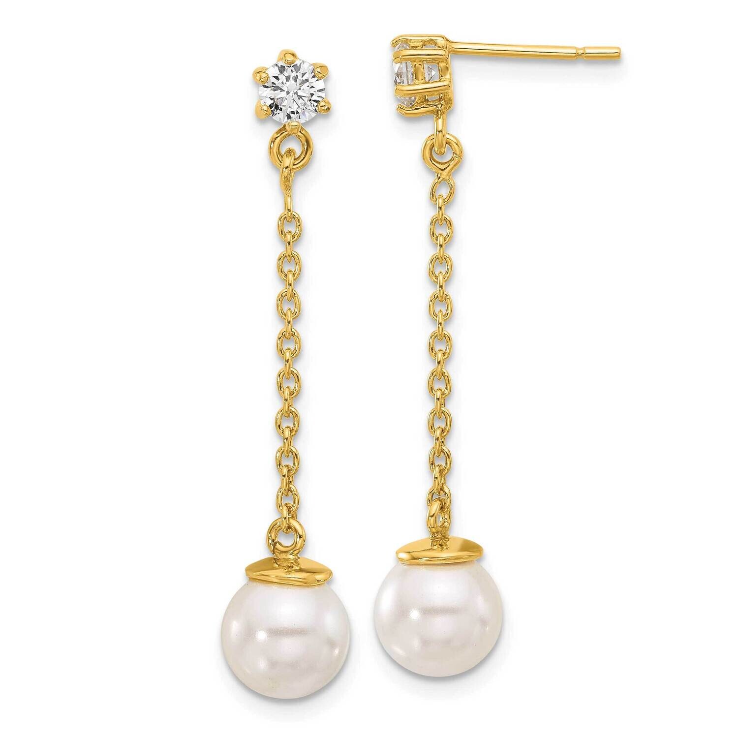 Gold-Tone Polished CZ Imitation Pearl Dangle Earrings Sterling Silver QE17269GP