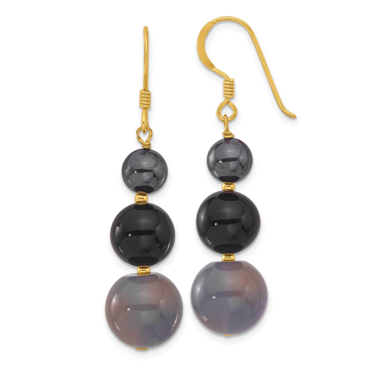 Gold-Plated Hematite Black Grey Agate Dangle Earrings Sterling Silver QE17290, MPN: QE17290,