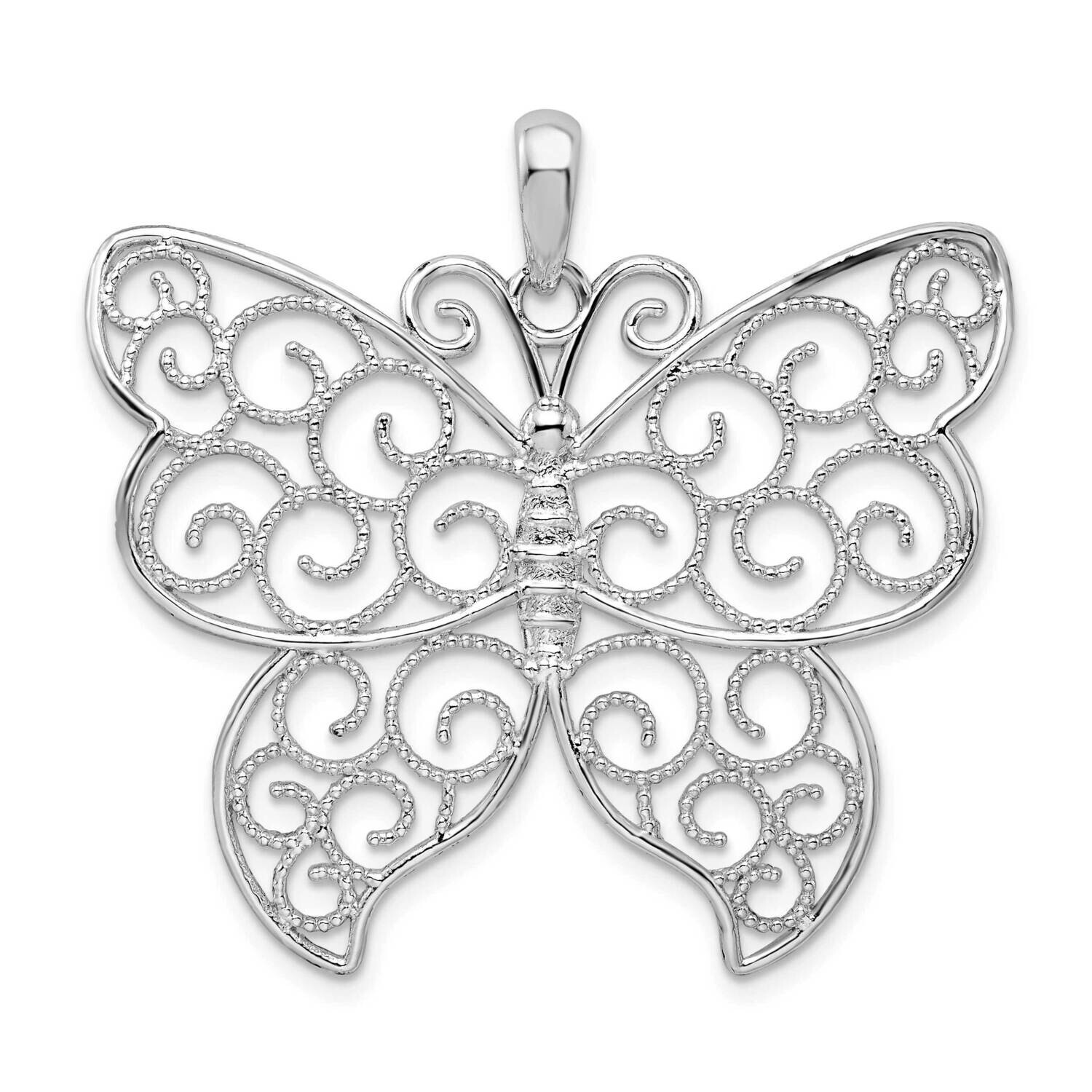 Large Beaded Filigree Butterfly Pendant Sterling Silver Polished QC9807, MPN: QC9807, 637218145782