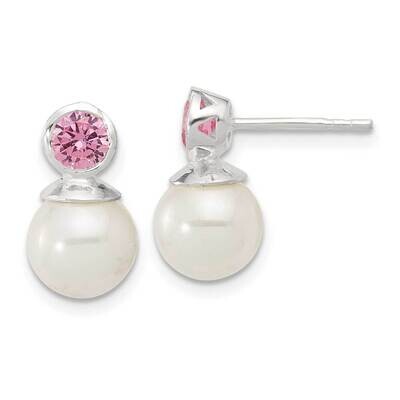 Pink CZ 8-8.5mm Glass Pearl Post Earrings Sterling Silver Polished QE17265, MPN: QE17265,