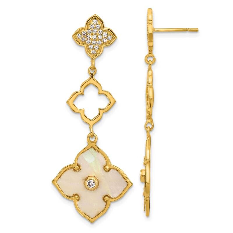 Gold-Tone Polished Mop &amp; CZ Floral Post Dangle Earrings Sterling Silver QE17427, MPN: QE17427,