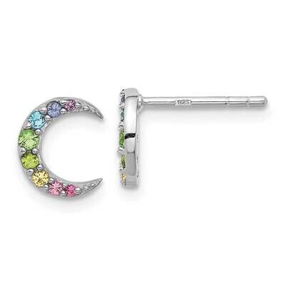 Rhod-Plated Rainbow Crystal Moon Children&#39;s Post Earrings Sterling Silver QE17714, MPN: QE17714,