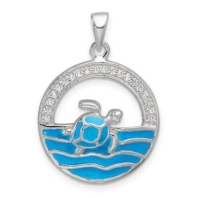 Blue Enamel CZ Sea Turtle Circle Pendant Sterling Silver Polished QC11371, MPN: QC11371,