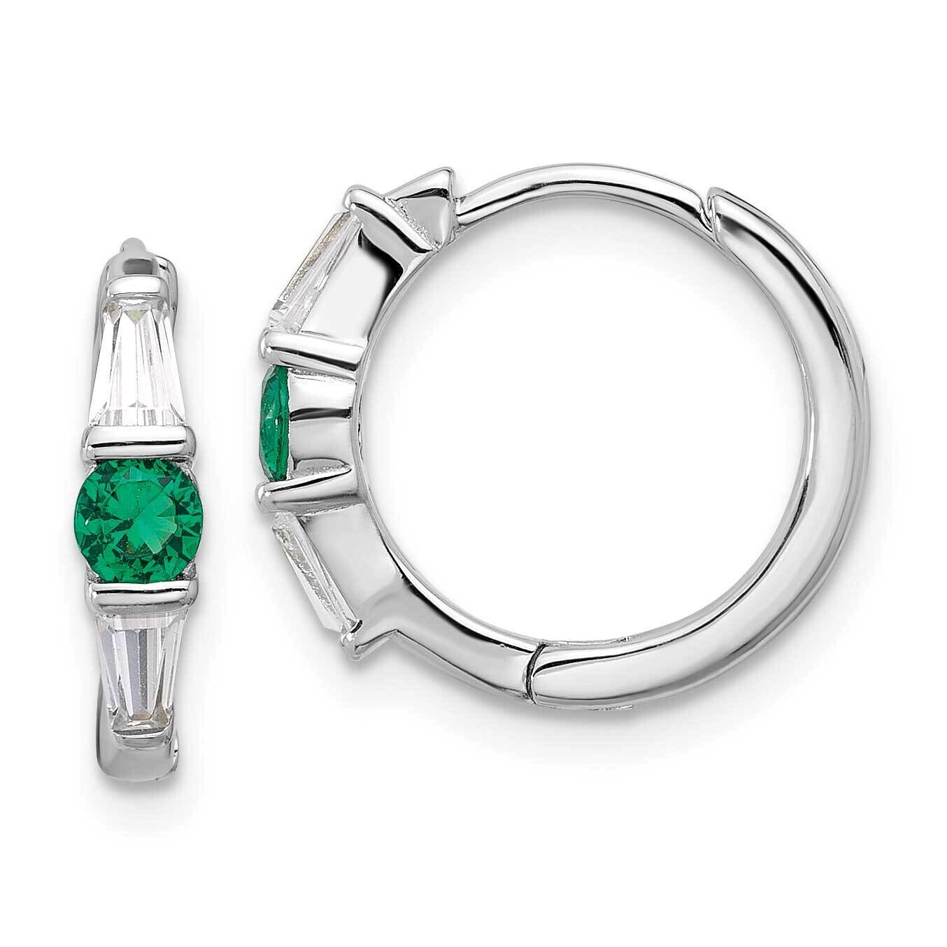 Green/White CZ Hinged Hoop Earrings Sterling Silver Rhodium-Plated QE17177