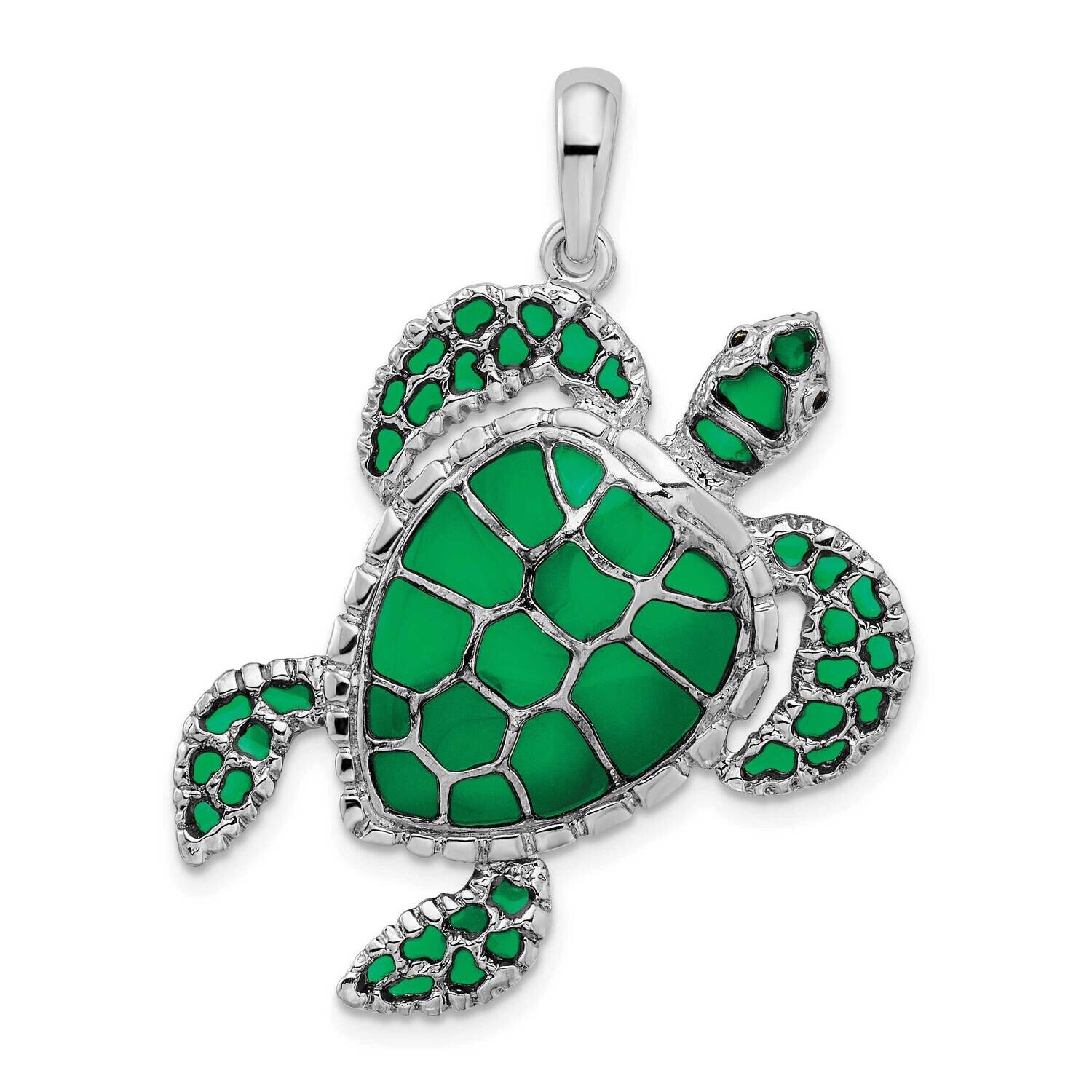 Enameled Green Sea Turtle Pendant Sterling Silver Polished QC9777