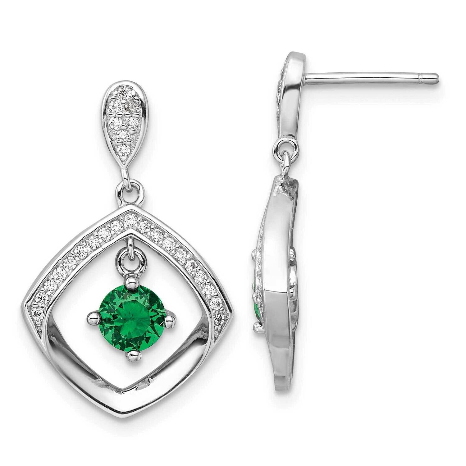 Rh-Pltd Green Glass Clear CZ Fancy Square Post Earrings Sterling Silver QE16763, MPN: QE16763,