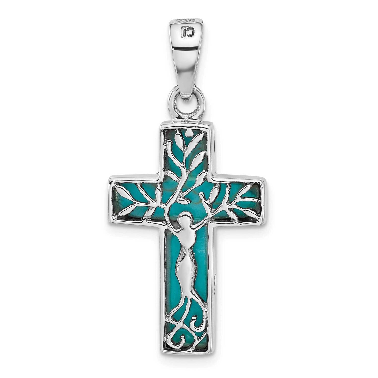 Reversible Reconstituted Turquoise Cross Pendant Sterling Silver Rhodium-Plated QC11459
