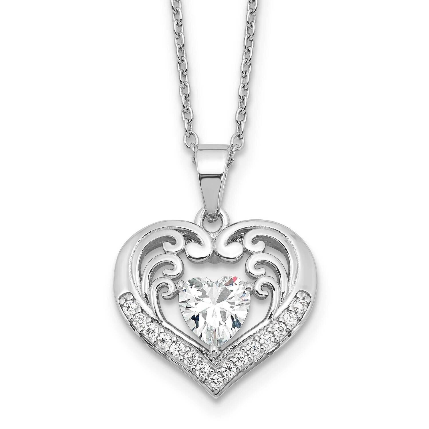 Cheryl M Brilliant-Cut CZ Heart 18 Inch Necklace 2 Inch Extender Sterling Silver Rhodium-Plated QCM1597-18