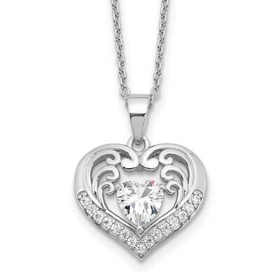 Cheryl M Brilliant-Cut CZ Heart 18 Inch Necklace 2 Inch Extender Sterling Silver Rhodium-Plated QCM…