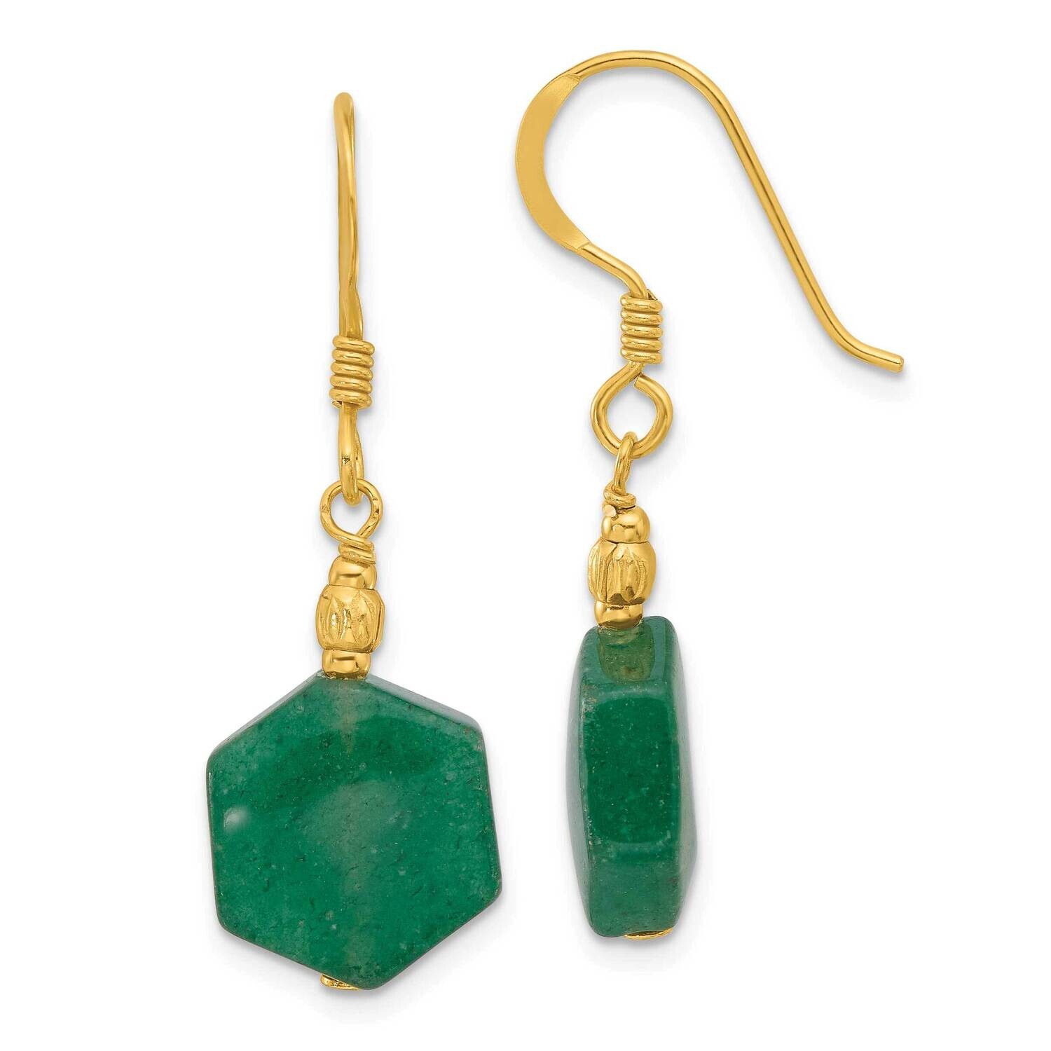 Gold-Plated Textured Aventurine Hexagon Dangle Earrings Sterling Silver QE17347, MPN: QE17347,