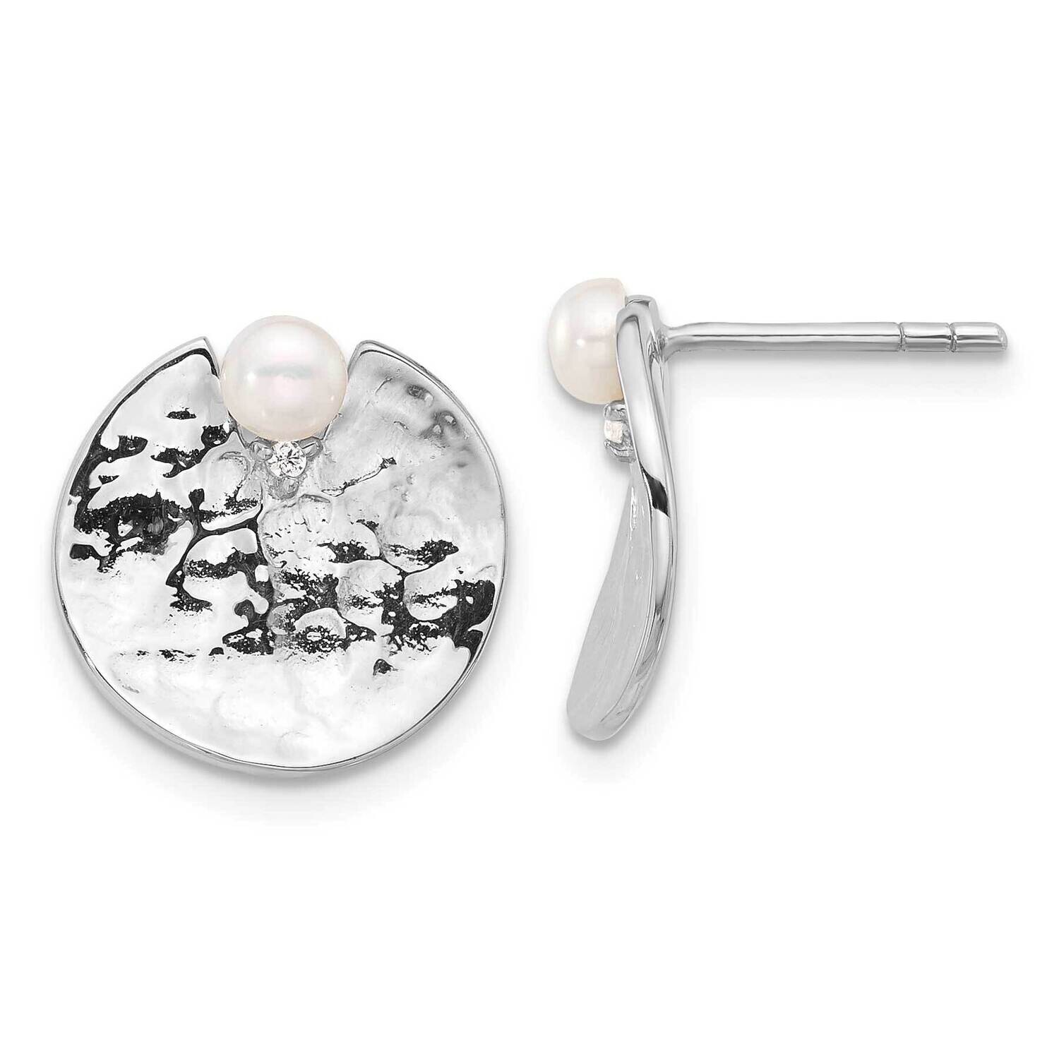 Hammered Fwc Pearl Round Earrings Sterling Silver Rhodium-Plated QE16756, MPN: QE16756,