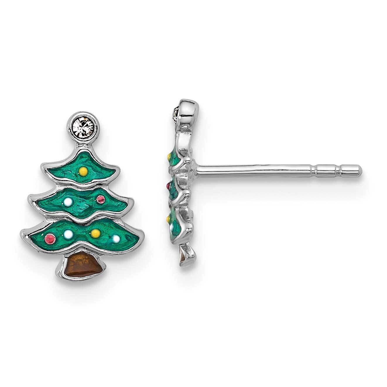 Green Enamel Crystal Christmas Tree Post Earrings Sterling Silver Rhodium-Plated QE17667