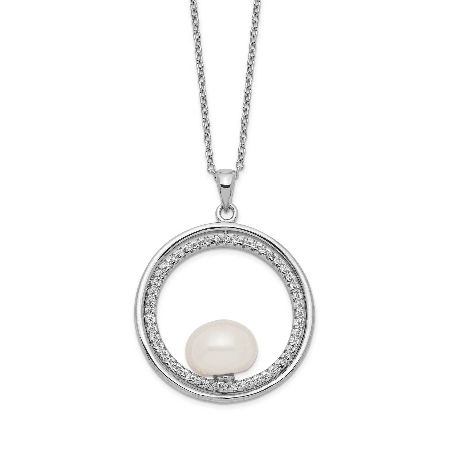 Rhod-Plat 10-11mm White Button Fwc Pearl CZ Necklace Sterling Silver QH5542-18
