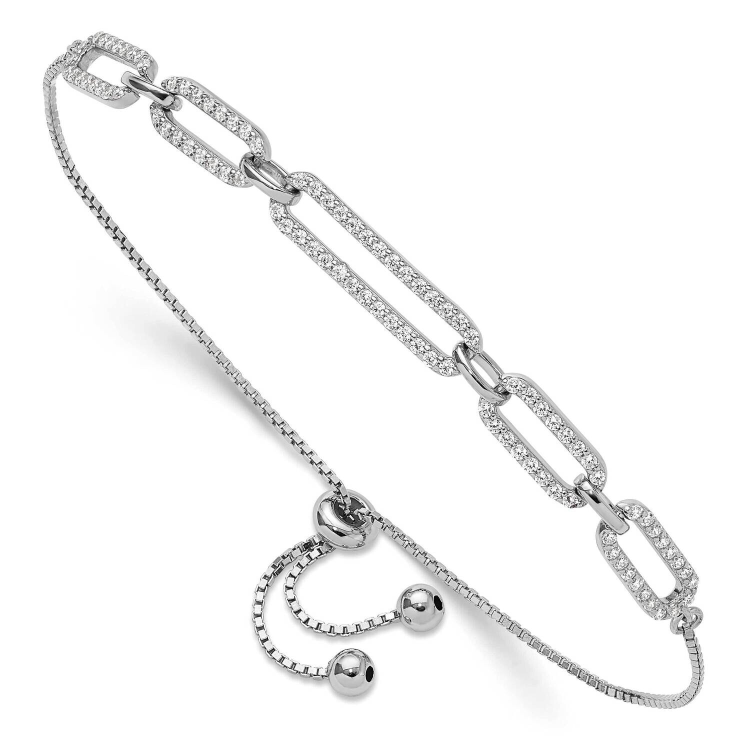 Rhod-Plated Paperclip Link CZ Adjustable Bracelet Sterling Silver QG6258