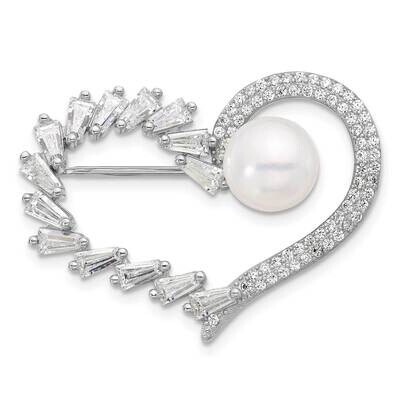 Rh-Plated 8-9mm Button White Fwc Pearl CZ Heart Pin Sterling Silver QG6708, MPN: QG6708,