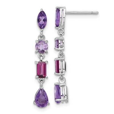 Rh-Plated Amethyst Rhodolite Pink Quartz Dangle Earrings Sterling Silver QE17777AM, MPN: QE17777AM,