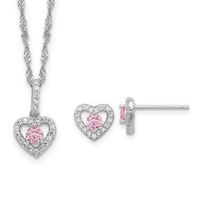 Polished Pink &amp; White CZ Heart Children&#39;s 10In 2 Inch Extender Necklace &amp; Post Earring Set Sterling…