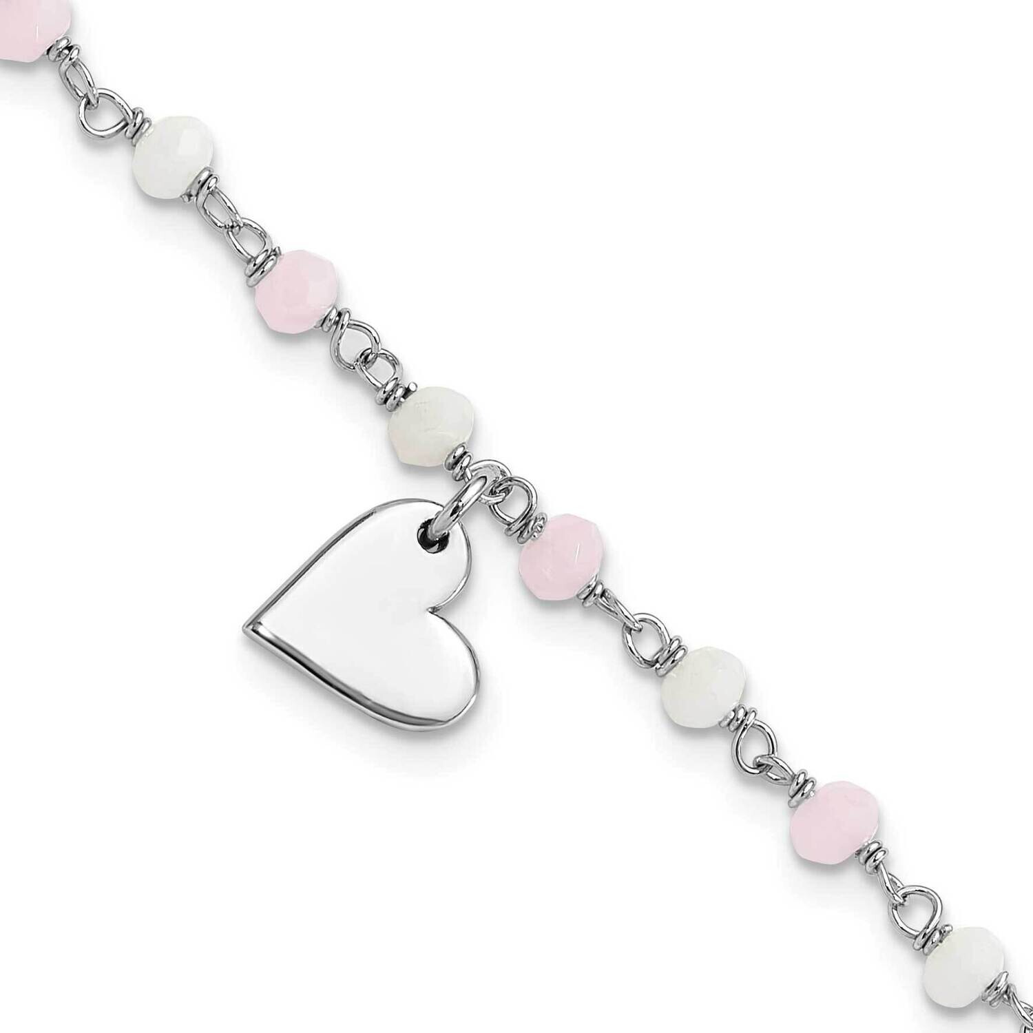 Rhod-Plated Heart Pink/White Glass Beads 7.5 Inch Bracelet Sterling Silver QG6365-7.5, MPN: QG6365-…