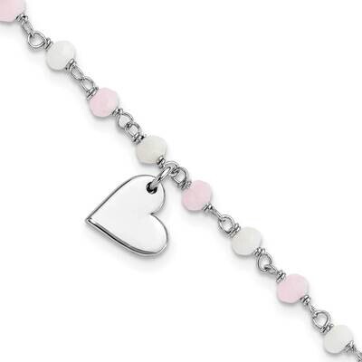 Rhod-Plated Heart Pink/White Glass Beads 7.5 Inch Bracelet Sterling Silver QG6365-7.5, MPN: QG6365-…