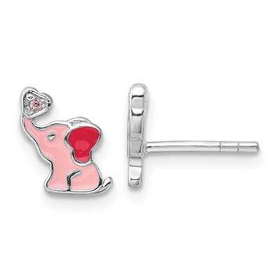 Rh-Pltd Pink Enamel &amp; CZ Elephant Children&#39;s Post Earrings Sterling Silver QE17731, MPN: QE17731,