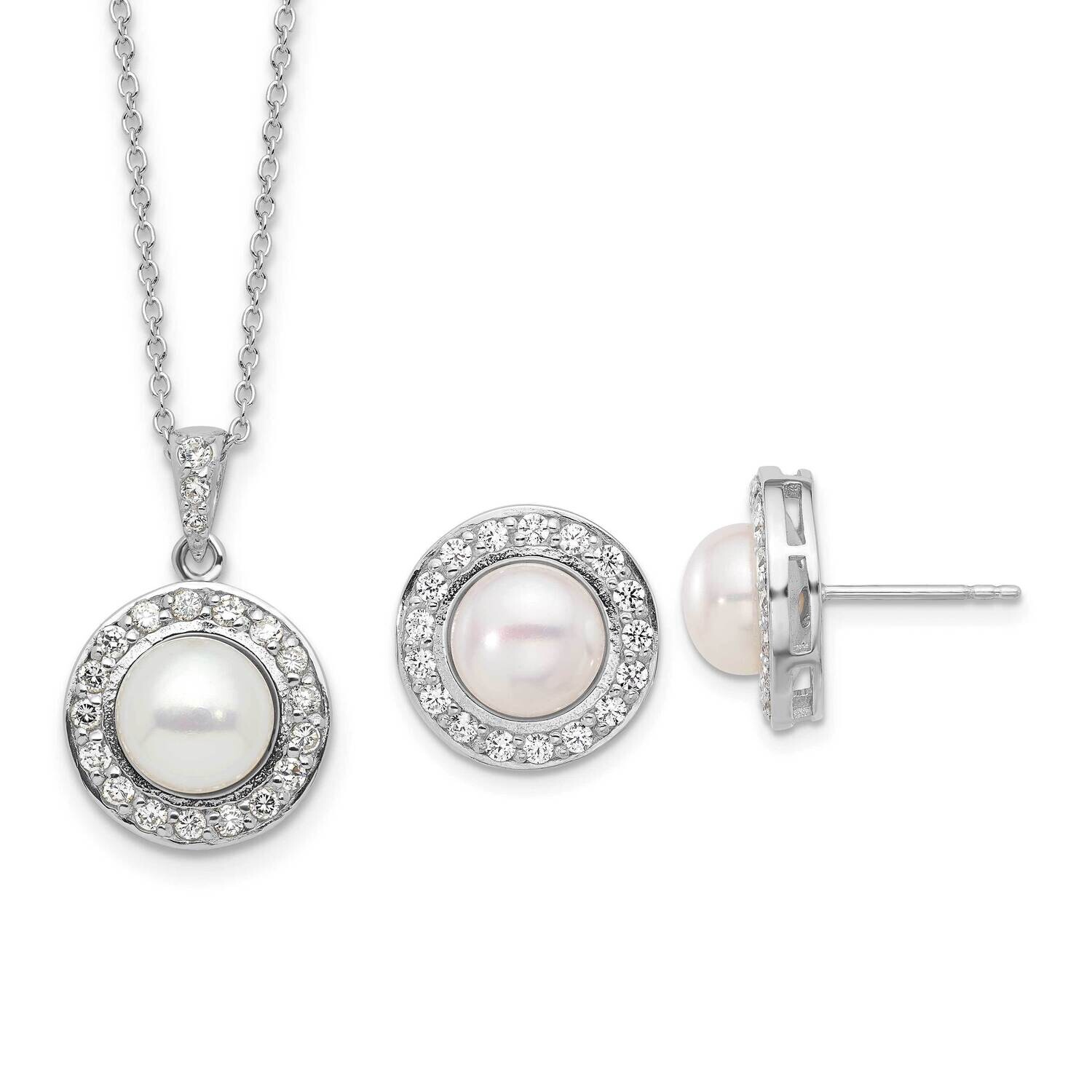 Rh-Plated Fwc Pearl CZ 17 Inch Necklace Post Earrings Set Sterling Silver QH5823SET, MPN: QH5823SET,
