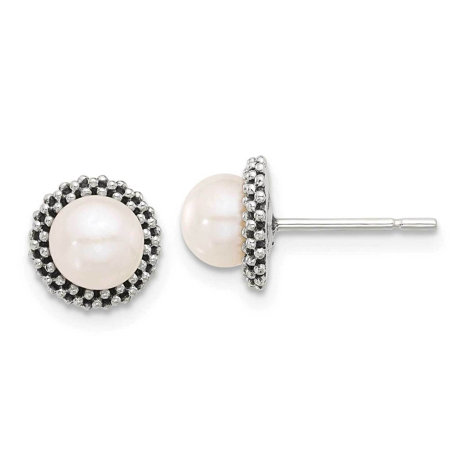 Antiqued Beaded Synthetic Pearl Post Button Earrings Sterling Silver QE17261, MPN: QE17261,