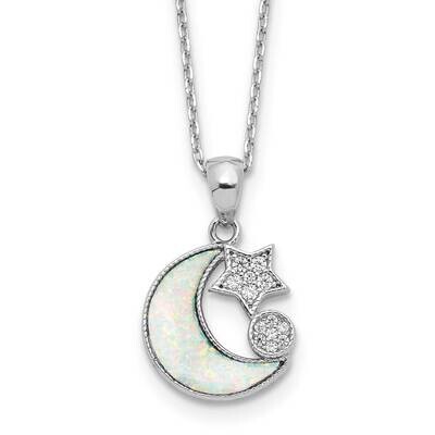 Rh-Plated CZ Created Opal Inlay Moon 2 Inch Extension Necklace Sterling Silver QG6692-16, MPN: QG66…