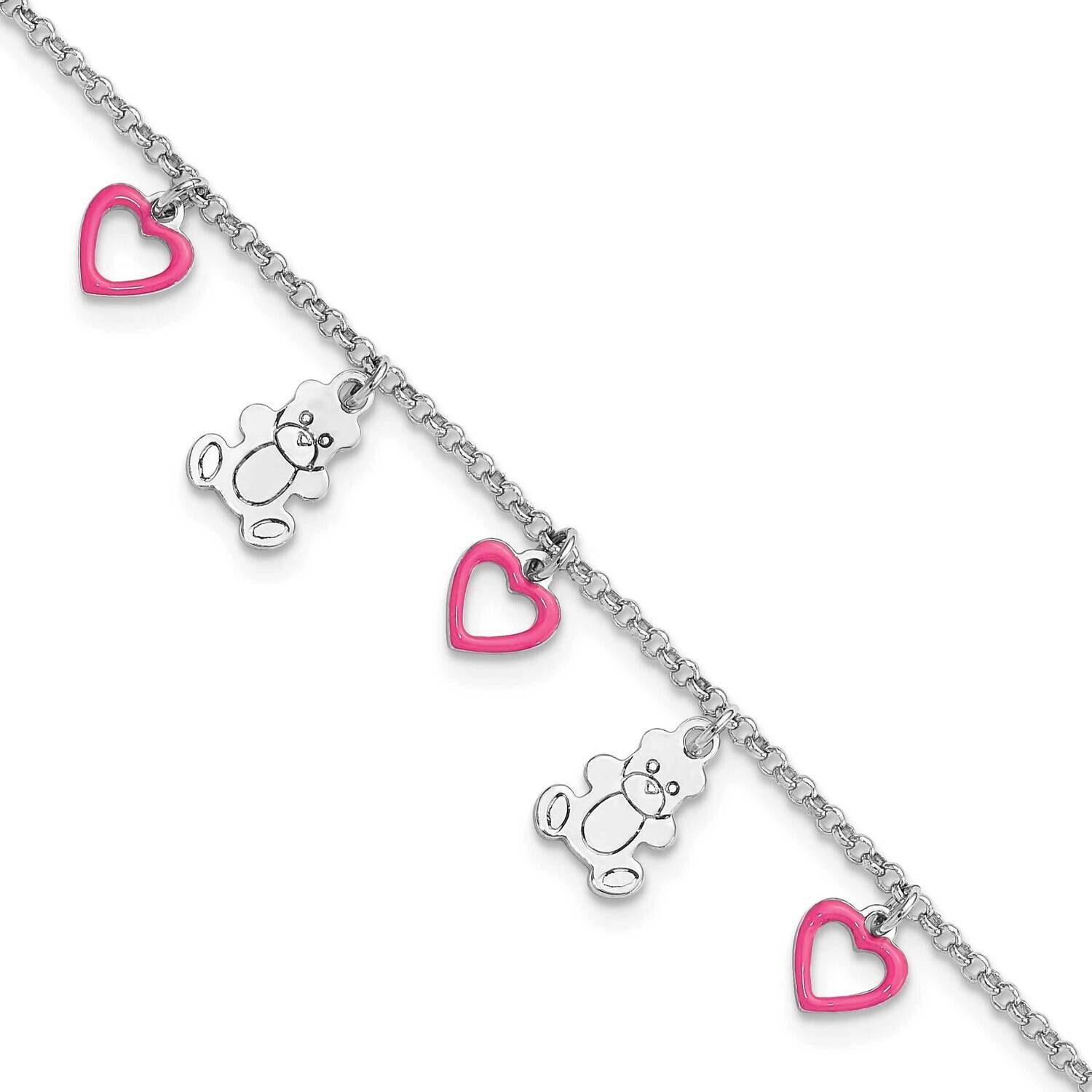 Rhod-Pltd Pink Enamel Hearts Bears Children&#39;s 6 Inch Bracelet Sterling Silver QG6731-6, MPN: QG6731…