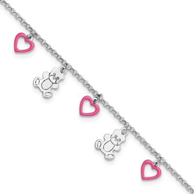 Rhod-Pltd Pink Enamel Hearts Bears Children&#39;s 6 Inch Bracelet Sterling Silver QG6731-6, MPN: QG6731…