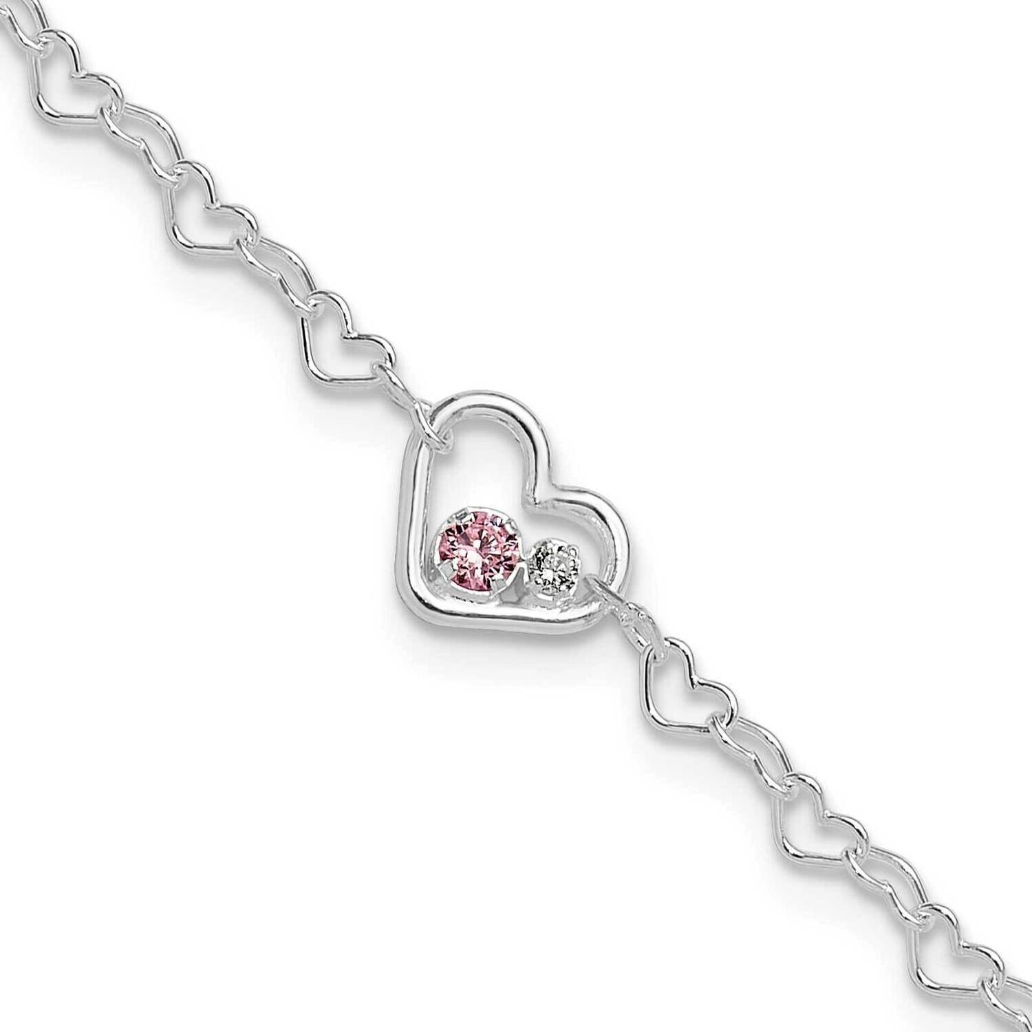 Heart Link CZ 7 Inch 1 Inch Extender Bracelet Sterling Silver Polished QG6351-7, MPN: QG6351-7,
