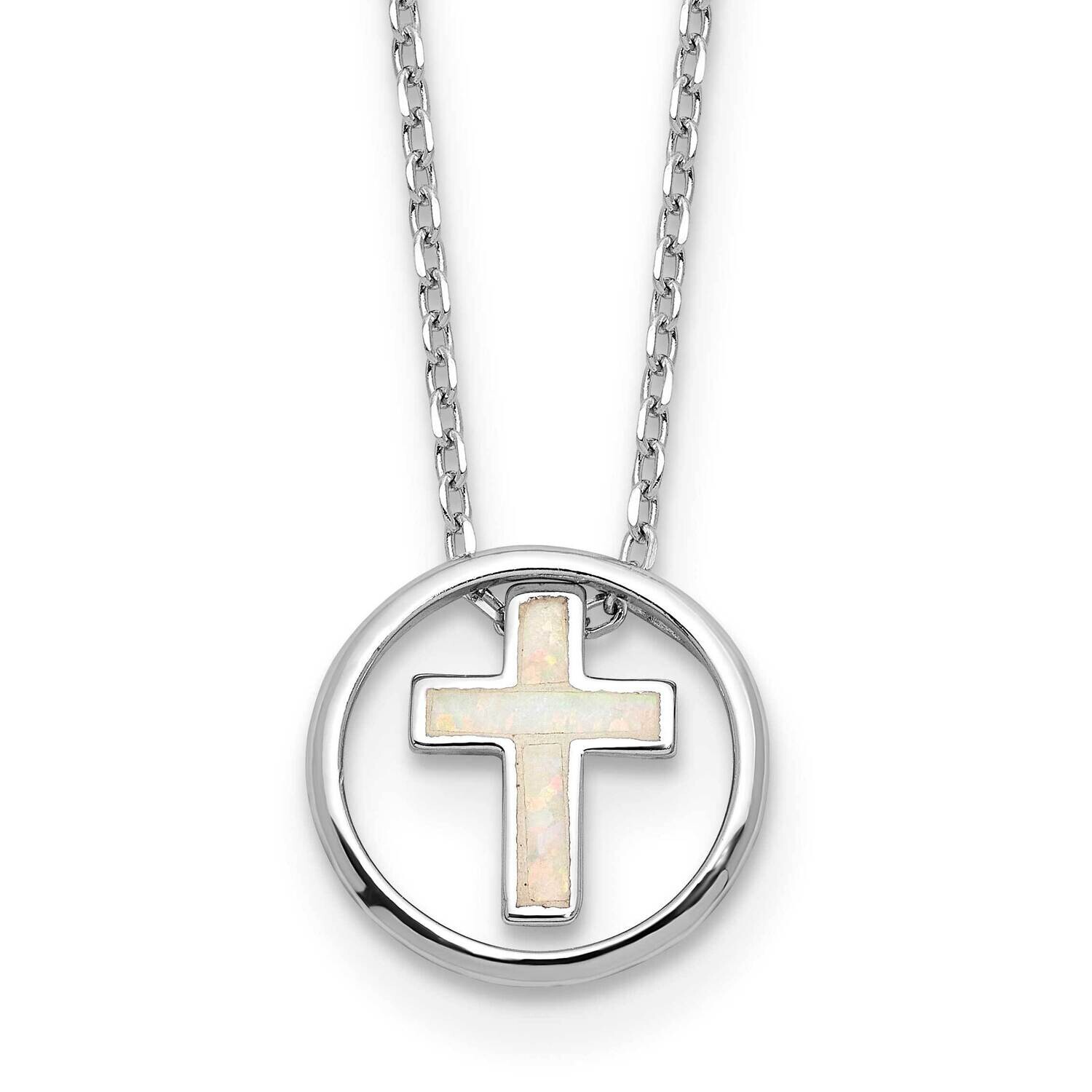 Rh-Plated Created Opal Inlay Cross 16 Inch 2 Inch Extension Necklace Sterling Silver QG6573-16, MPN…