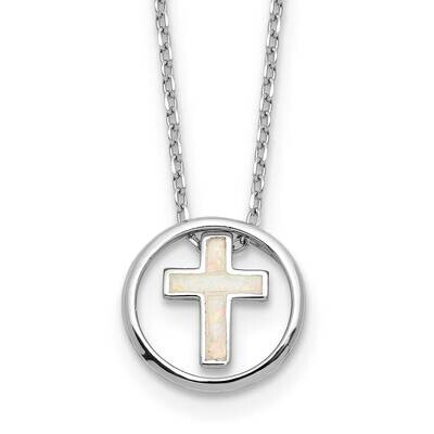 Rh-Plated Created Opal Inlay Cross 16 Inch 2 Inch Extension Necklace Sterling Silver QG6573-16, MPN…