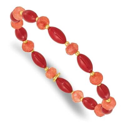Gold-Plated Coral Jade Beaded Stretch Bracelet Sterling Silver QH5685, MPN: QH5685,
