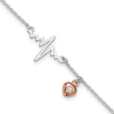Rose Tone CZ Heart Heartbeat 9 Inch Plus 1 Inch Extender Anklet Sterling Silver QG6299-9, MPN: QG62…