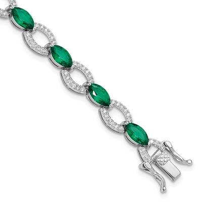 White Green CZ Link Bracelet 8 Inch Sterling Silver Rhodium-Plated QG6479-7, MPN: QG6479-7,