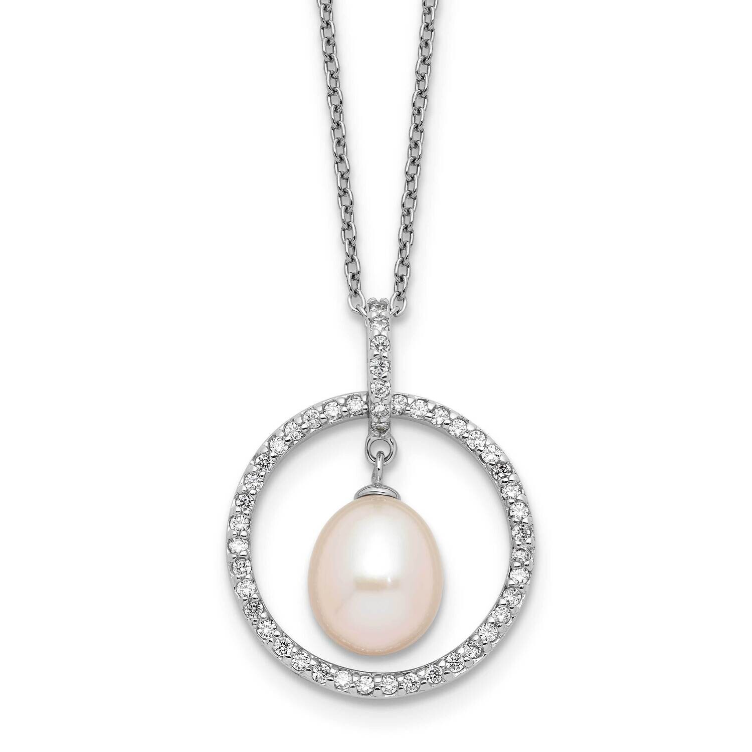 Rh-Plated 8-9mm Teardrop Fwc Pearl CZ Circle 17 Inch Necklace Sterling Silver QH5801-17, MPN: QH580…