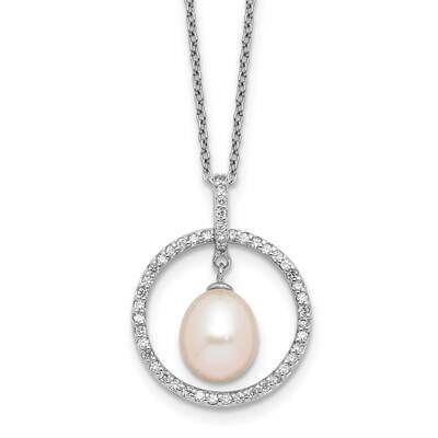 Rh-Plated 8-9mm Teardrop Fwc Pearl CZ Circle 17 Inch Necklace Sterling Silver QH5801-17, MPN: QH580…