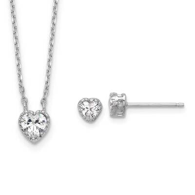 Polished CZ Heart Children&#39;s 13 Inch 2 Inch Extender Necklace &amp; Stud Earring Set Sterling Silver Rh…